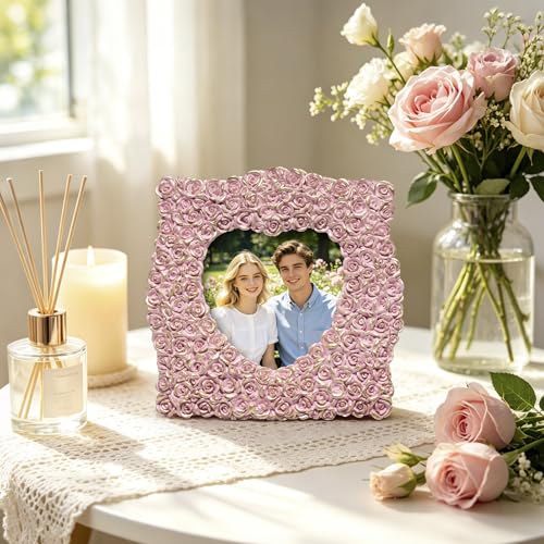 ZAWUU Pink Vintage Heart Picture Frame, Mini 3x3 Ornate Baroque Photo Frame for Tabletop Decor, Antique Carved Bow Frame with Shatterproof Acrylic Cover for Vanity, Desk - color: Color6