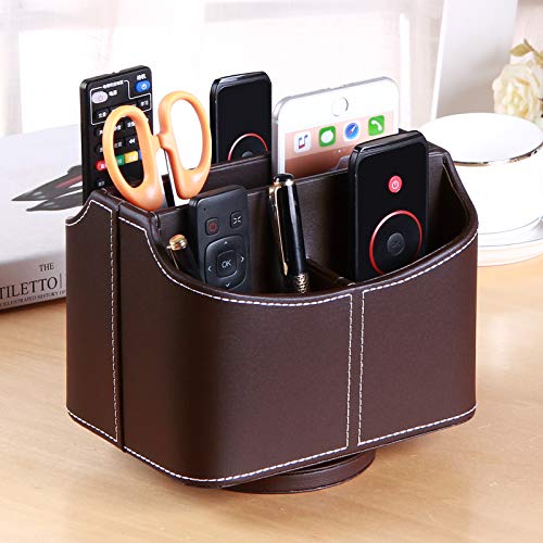 PUSU Remote Control Holder PU Leather 360 Degrees Rotatable Desktop Supply Organizer Storage Box for Controllers Media Stationery Nightstand TV Caddy E-reader iPad Phone Pen/Pencil Cosmetic(Brown) - color: A Brown