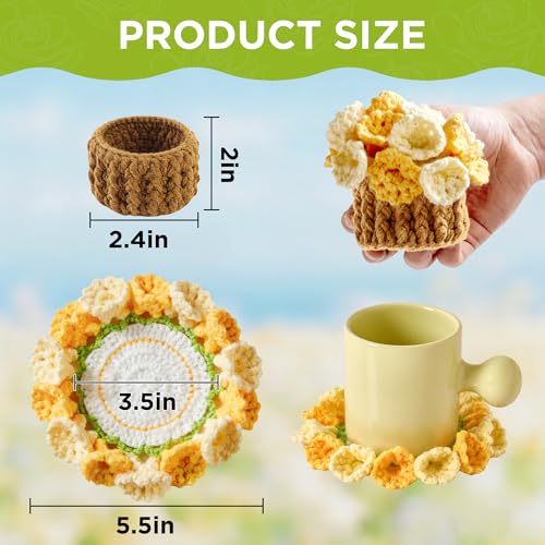 Flower Crochet Coasters, Handmade Bouquet Blanket Coaster with Crochet Plant Pot Fun Soft Decorative Drink Coasters for Coffee Tabletop Protection and Home Decor (Lemon Yellow, 1Pc) - color: Lemon Yellow, size: 1Pc