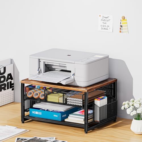 Marbrasse Wood Printer Stand for Desk, 2-Tier Desktop Printer Table for Home Office, Printer Stand with Storage Drawer 2 Pen Holders, Multi-Purpose Desk Organizer for Fax Machine Scanner(Wood Brown) - color: Wood Brown