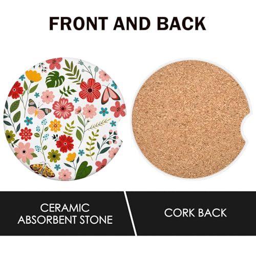 Flowers Car Coasters Set of 2 for Cup Holder 2.63" Absorbent Ceramic Cup Coaster Non-Slip Cork Base Drink Coasters with Finger Notch Car Accessories Interior for Women Men - color: Retro Flowers