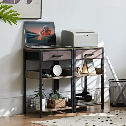 Lerliuo Grey Printer Stand with Fabric Drawer, 3 Tier Industrial Side Table, Modern Small Printer Desk Holder with Storage Shelf,Multi-Functional Bedside Tables for Home Office Fax Machine Scanner - color: Grey