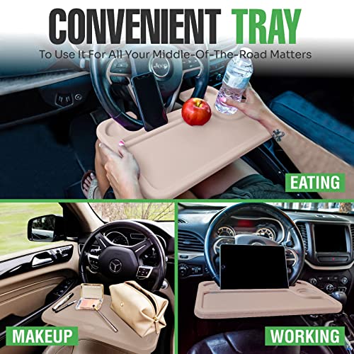 lebogner Steering Wheel Tray, Car Tray for Eating, Hook On Steering Wheel Desk for Food, Laptop and Car Accessories, Car Road Trip Must Haves Gadgets Car Table (Beige, with Tablet Slot) - color: Beige, With Tablet Slot