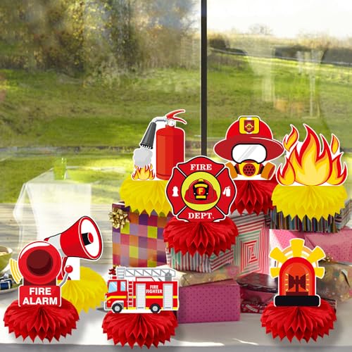9pcs Firetruck Honeycomb Decorations, Fireman Firefighter Honeycomb Centerpiece table decor, Birthday Party Supplies Ornaments - color: Firetruck