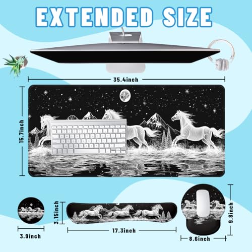Wild Horses Desk Mat Set Black White Moon Mountain Mouse Pad with Wrist Rest 4in1 Desk Mat for Desktop Ergonomic Computer Desk Arm Wrist Anti-Slip Computer Ergonomic Mouse Pad Home Office Gaming - color: Wild Horses