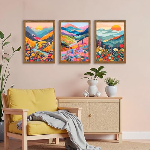 InspiredHues Colorful Mountain Boho Canvas Wall Art Set, 3 Piece Watercolor Flower Picture Wall Decor, Abstract Nature Landscape Artwork Prints for Living Room Bedroom Office 12x16 In Wood Framed - color: Mountain, size: 16"L x 12"W