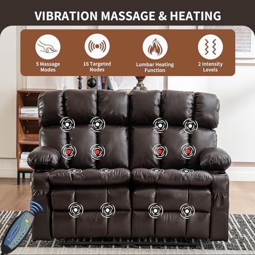 RV Loveseat Sofa with Massage & Heat,Wall Hugger Reclining Loveseat Recliner RV Couch with Cup Holders, Home Theater Seating with Front Porckets&Side Pockets, 2 Pillows, Faux Leather Brown - color: Brown, size: Loveseat