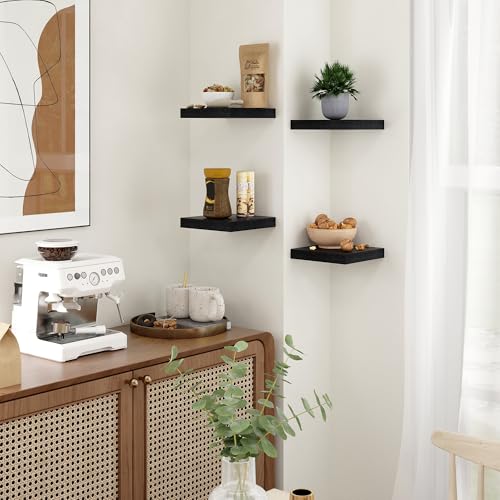 Fun Memories Floating Shelves for Wall - 7.5 Inch Square Shelves with Invisible Brackets, Black Small Wall Shelf for Living Room, Bathroom, Bedroom, and Kitchen Decor Set of 4 - color: Black, size: 7.5"W x 7.5"D - 4P