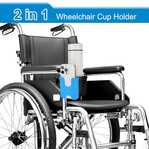 Accmor 2-in-1 Wheelchair Cup Holder, Walker Cup Holder with Phone Holder, Universal Drinks Holder for Stroller, Mobility Scooter, Rollator, Walker, Wheelchair Accessory - color: Black Sky Blue