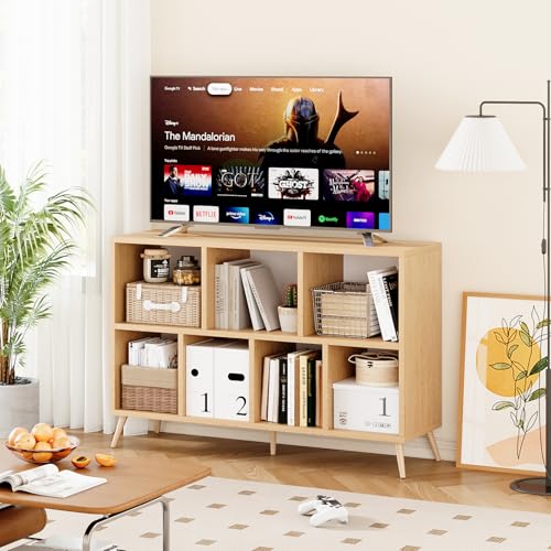 7-Cube Storage Organizer with Natural Wood Legs, Mid-Century Modern Bookcase and Display Cabinet, Freestanding Toy Storage Bookshelf for Living Room, Kids Room and Bedroom, Natural - color: Natural, size: 7-Cube