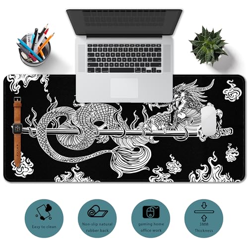 Japanese Dragon Large Gaming Mouse Pad for Desk, Black Mouse Pad Gaming Mouse Mat Desk Pad, Non-Slip Base Computer Pad Keyboard Mat, 31.5x11.8in XL Mousepad with Stitched Edge for Home Office - color: Japanese Dragon