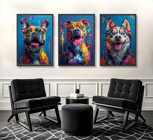 3Pcs Cute Dog Canvas Wall Art Colorful Graffiti Dog Portrait Paintings Pictures Wall Decor Modern Popular Animal Posters Prints Suitable for Bedroom Living Room Teenager Children Room Decoration Unframed - color: blue yellow, size: 16 in x 24 in