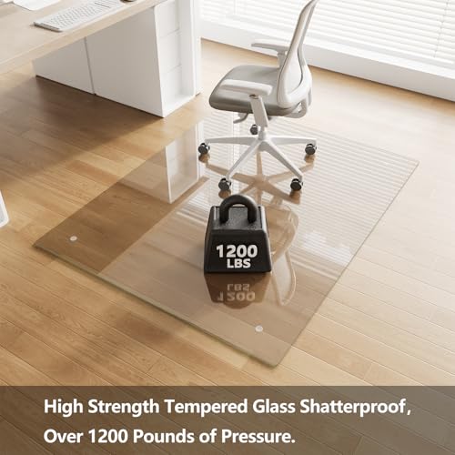 Koonmi Glass Chair Mat for Carpet, Tempered Glass 46"x60" Office Chair Mat, Glass Chair Mat with Rounded and Polished Edges, 4 Non‑Slip Pads, Smooth Rolling for Carpet Hardwood Floor Protection - color: Transparent, size: 46"x60"