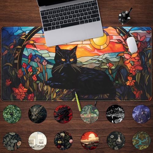 Mechanical Cattle Black Cat Desk Mat Vintage Sunset XXL Large Mouse Pad Laptop Desk Mousepad with Stitched Edges, Keyboard Pad Mouse Mat for Work Game Office Desk Accessories 31.5x15.7 in - color: Aesthetic Black Cat
