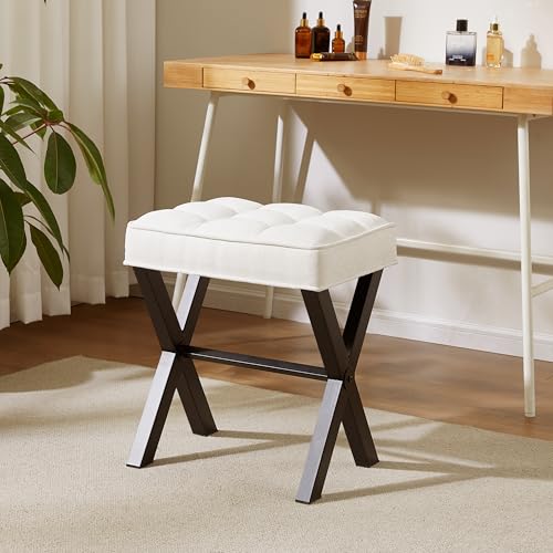 Royal Windsor Vanity Stool,Square Ottoman Stool Foot Rest,Upholstered Vanity Chair Foot Stool with Metal X Legs, Small Vanity Seat for Entryway,Bedroom and Living Room,Linen White - color: 12.6"d White+black