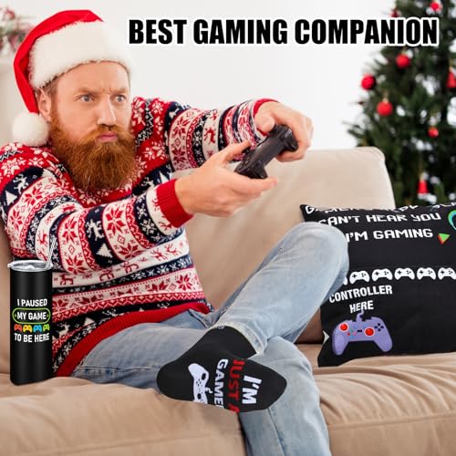 Ziliny 6 Pcs Gamer Gifts Sets for Boys Gaming Throw Blanket Tumblers Funny Pillow Covers Socks Keychain and Gifts Box for Boys Men Teen Gamer Lover