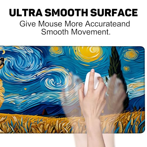 Dog Under Starry Night Gaming Mouse Pad Large Desk Mat Extended Keyboard Anime Mousepad with Non-Slip Base and Stitched Edge for Desk Home Office Gaming,31.5 x 11.8 Inch - color: Dog under Starry Night, size: 11.8*31.5inch