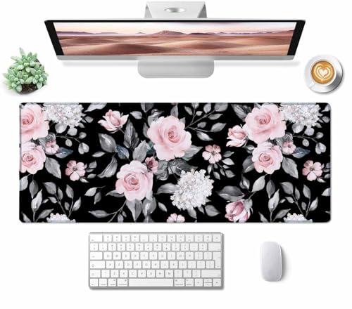 Large Extended Gaming Mouse Pad, Large Non-Slip Rubber Base Mousepad, Keyboard Mouse Mat, Desk Pad with Stitched Edges, 31.5x11.8inch Flowers and Leaves - color: Flowers and Leaves, size: 31.5" x 11.8"