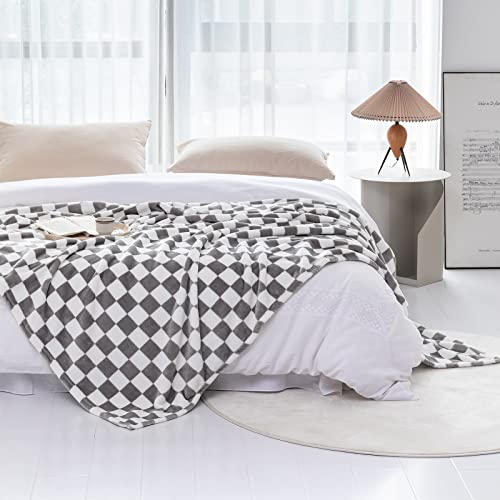 LOMAO Throw Blankets Flannel Blanket with Checkerboard Grid Pattern Soft Throw Blanket for Couch, Bed, Sofa Luxurious Warm and Cozy for All Seasons (Grey, 60"x80") - color: Grey, size: 60"x80"
