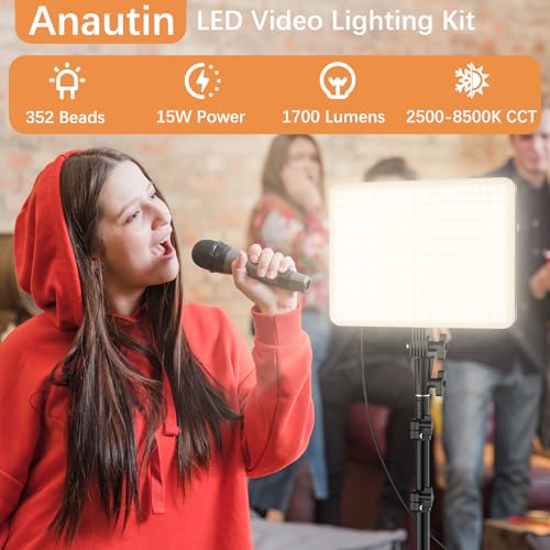 2-Pack LED Video Lighting Kit, Anautin 15W/1700Lux Photography Lighting with Tripod Stand, 2500-8500K Dimmable Streaming Light for Video Recording, Gaming, Podcast, Barber, Salon, TikTok, YouTube - size: 2-Pack, style: 15W Studio Light