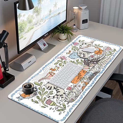 Cute Desk Mat, 4in1 Large Mouse Pad with Wrist Rest, Desk Matt for Desktop, Desk Pad Mat, Anti-Slip XXL Computer Ergonomic Mousepad with Wrist Support for Keyboard and Mouse I Funny Cat Animals - color: Funny Cat Animals