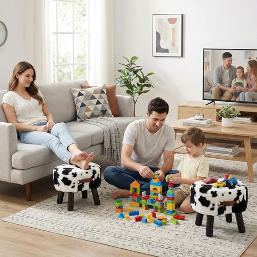 Foot Stools Small, Cow Ottomon with Handle, Velvet Footrest | Curved Foot Stool with Padded Seat Wooden Legs, Portable Foot Rest for Living Room, Bedroom, Entryway (Cow) - color: Cow