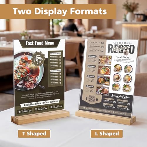 Comix 8.5x11 Acrylic Sign Holder with Wood Base 3 Pack Clear Table Display Stand Vertical or Slant Back Display for Wedding, Restaurant, Store, Office, Hotel - size: 3 Pack 8.5x11 inches (T/L)