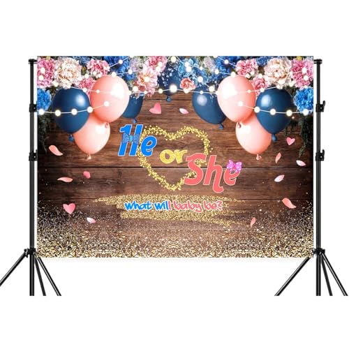 7X5FT Baby Gender Reveal Backdrop He or She What Will Baby Be Pink Blue Floral Wooden Photography Background Party Decorations Cake Table Banner Decor Photo Studio Shoot Props - color: Pink Blue, size: 7X5FT