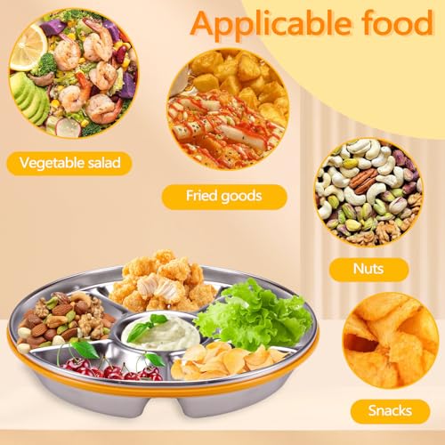 ASTIMESA Divided Serving Tray with Lid 6 Compartments, 10.4 Inch Stainless Steel Round Veggie Tray, Reusable Snack Box Container Fruit Platter Parties Fridge Food Storage Picnic (1 pcs)