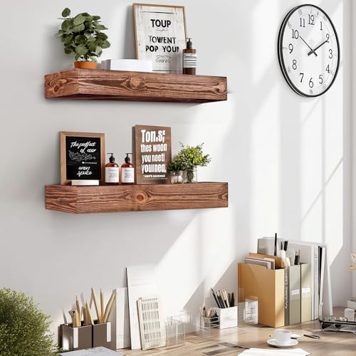 24x3x7 inch Floating Shelves Wall Mounted - Set of 2 Brown Rustic Solid Wood Wall Shelf - Heavy Duty Decorative Fireplace Mantel for Living Room, Bedroom, Bathroom, Kitchen - color: Brown, size: 24x3x7-hollow-2pack