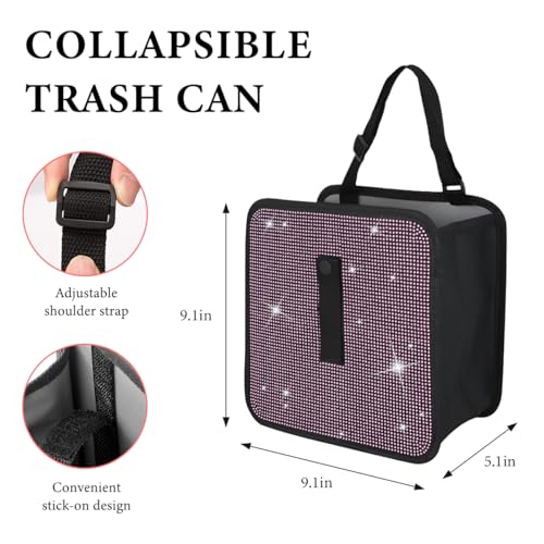Car Foldable Trash Can, Bling Rhinestone Oxford Garbage Container Hanging Waterproof Organizer, Mini Crystal Dustbin Waste Basket Leakproof Trash Bin for Car Office Kitchen (Light Pink) - color: Light Pink