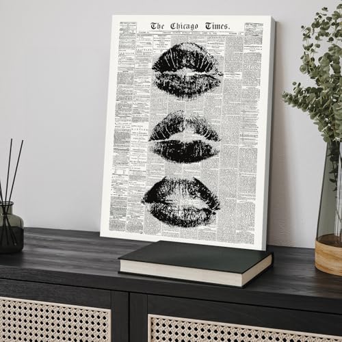 Dazzlewall Framed Vintage Newspaper Wall Art,Black and White Lip Print Modern Fashion Canvas Prints for Girls Bedroom Living Room Decor 12x16 in - color: Black and White Framed