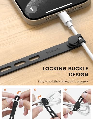 Lamicall 10Pack Reusable Cord Organizer Cable Ties - Silicone Cord Management Wraps, Stretchy Rubber Charger Cable Strap Ties, Skin-Friendly Electrical Wire Keeper for Travel, Home Office Accessories - color: Classic Black, size: 10pack