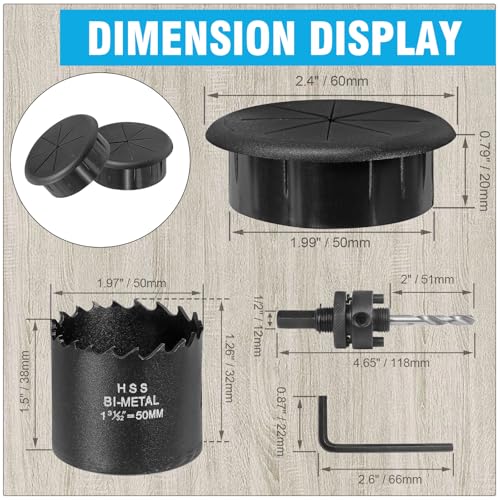 2" Black Desk Grommet, JTemgle Flexible Cable Grommet with Bi-Metal Hole Saw Rubber Cable Hole Cover Wire Organizer Caps Desktop Cord Management for Home Office TV Stands Tabletops, 7 Pieces - color: Black, size: 2" / 50mm
