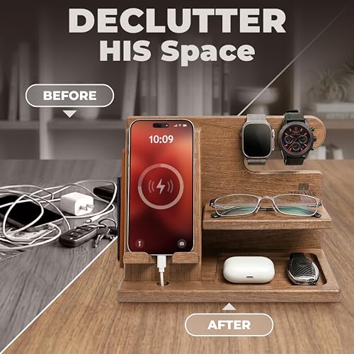 TESLYAR Wood Phone Docking Station for Men - Desktop or Nightstand Organizer - Birthday Gifts for Men, Dad - Anniversary Idea from Wife - Key Holder, Stand Wallet, Watch & Essentials (Earth Beige) - color: Earth Beige