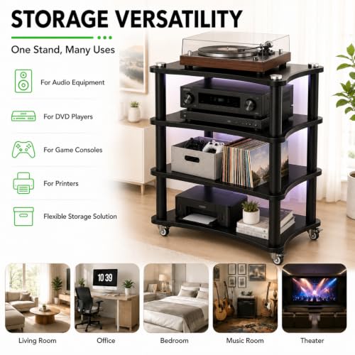 4-Tier AV Media Stand with LED Lights, Heavy Duty Mobile Stereo Cabinet Stand with Wheels, Wooden Stereo Rack, Audio Rack Furniture Perfect for DVD Player/Game Console (with Lights, 4 Tier) - color: With Lights, size: 4 Tier