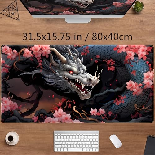 Cute Sakura Dragon Gaming Mouse Pad Kawaii XXL Large Extended Anime Desk Mat, Non-Slip Rubber Base Mousepad, Office Decor Desk Pad, Cool Keyboard and Mouse Mat with Stitched Edges, 31.5x15.75 in - color: Red Sakura Dragon