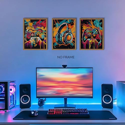 MUWAK 3Pcs Cool Gaming Wall Art Set, Retro Video Game Neon Gamepad Watercolor Canvas Prints for Boys Room, Teen Gaming Pictures Wall Decor, Gamer Painting Art for Kids Bedroom 16x24 inch Unframed - color: Graffiti-style Game Posters, size: Poster 16x24 in