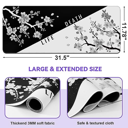 DIGSOM Mouse Pad Black and White Cherry Blossom Pattern, 31.5 x 11.8in | XL Mouse mat, Smooth surface, Anti-slip rubber base, For keyboard and mouse, For home and office use - color: Black and White Cherry Blossom