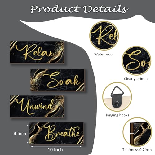 ONIZHITY 4 Pcs Black and Gold Bathroom Decor Black Gold Wall Decor Relax Soak Unwind Breathe Wooden Rustic Marble Style Bathroom Accessories for Bedroom Living Room Decor Kitchen(10X4) - color: Black Gold, size: 10 X 4 Inch