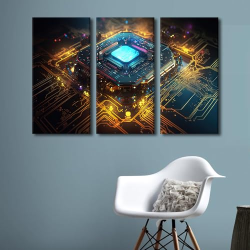 Circuit Board Wall Art 3 Pieces Motherboard Digital Chip Canvas Art Wall Decor CPU and Microprocessors Canvas Wall Art for Living Room Contemporary Home Decor Framed Ready to Hang (60"Wx40"H - color: Artwork-05, size: 60"Wx40"H