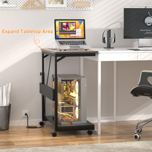 Besiost Computer Tower Stand with Outlets, PC Stand for Floor, 24" | 4 Levels Manual Height Adjustable PC Stand for Carpet Under Desk, Rolling Computer Cart with Wheels, Carbon Fiber Black - size: 24"
