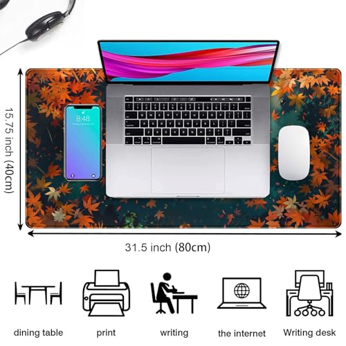 Maple Leaves Desk Mat Gaming Mouse Pad Large, Extended Desk Pad Full Desk Cover Mat, Fall Leaves Laptop Keyboard Pad, Computer Desktop Mat XXL, Aesthetic Fall Desk Accessories 31.5x15.7 Inch - color: Fall Leaf
