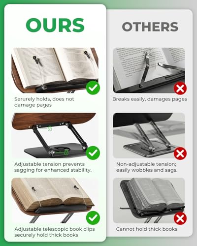 Viozon Book Stand for Reading,Book Holder, Height&Angle Adjustable, 360° Rotating Base, Foldable and Portable, Lightweight for Office, Kitchen, School Textbook, Recipe, Magazine,Kindle,Tablet DW - color: Dark Wood