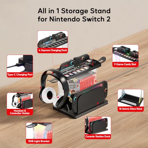 Switch 2 Multifunctional Organizer Station with Joycon 2 Charging Dock | Switch 2 Storage Stand with RGB Light,Pro Controller / Headset Holder,Switch 2 Console Dock with 16 Games Discs
