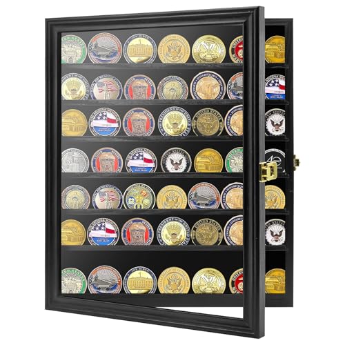 Challenge Coin Display Case, 7 Rows Lockable Military Coin Display Cabinet with UV Acrylic Door, Removable Shelves & Felt Background, Large Shadow Box - size: XL-7 Rows