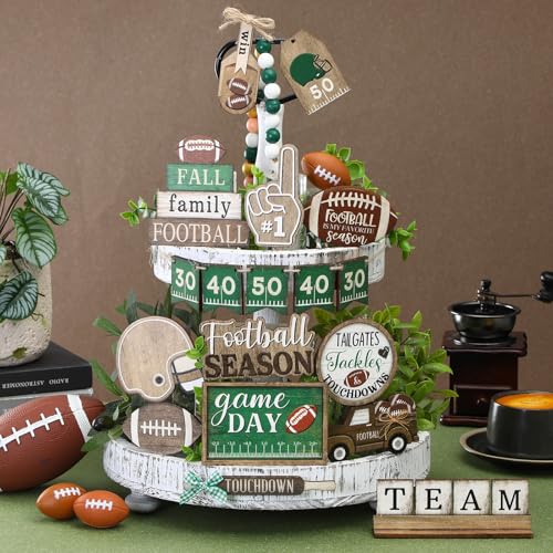 20 Pcs Football Tiered Tray Decoration Football Season Wood Signs Set Rustic Fall Team Game Day Wooden Table Centerpieces Ornament for Fans Rugby Sport Home Theme Party Supplies - style: Football