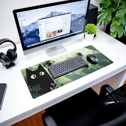 Black Cat Gaming Mouse Pad Large Desk Mat Extended Keyboard Mouse Pad Anime Mousepad with Non-Slip Base and Stitched Edge Mouse Mat Desk Pad 31.5 x 11.8 Mouse Pads for Desk Home Office Gaming - color: Black Cat