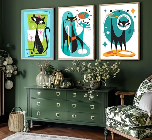 3pcs Funny Abstract Cat Canvas Wall Art Whimsical Futuristic Atomic Cats Posters Prints Modern Medieval Geometry Wall Decor Pictures for Living Room Bedroom Home Decoration Unframed - color: Quantum Cat-2, size: 24L" x 16W"-Posters