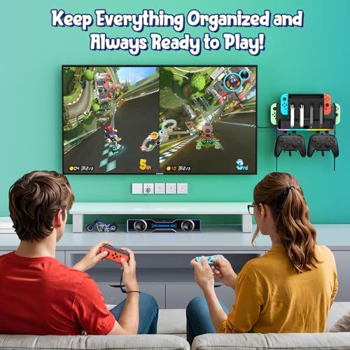 Switch/OLED Wall Mount with RGB,Switch Organizer with Holder,Charging Dock for Joycon with 15 Light Mode,2 USB Ports,4 Controller Charger,10 Card Slots - size: For Switch/OLED